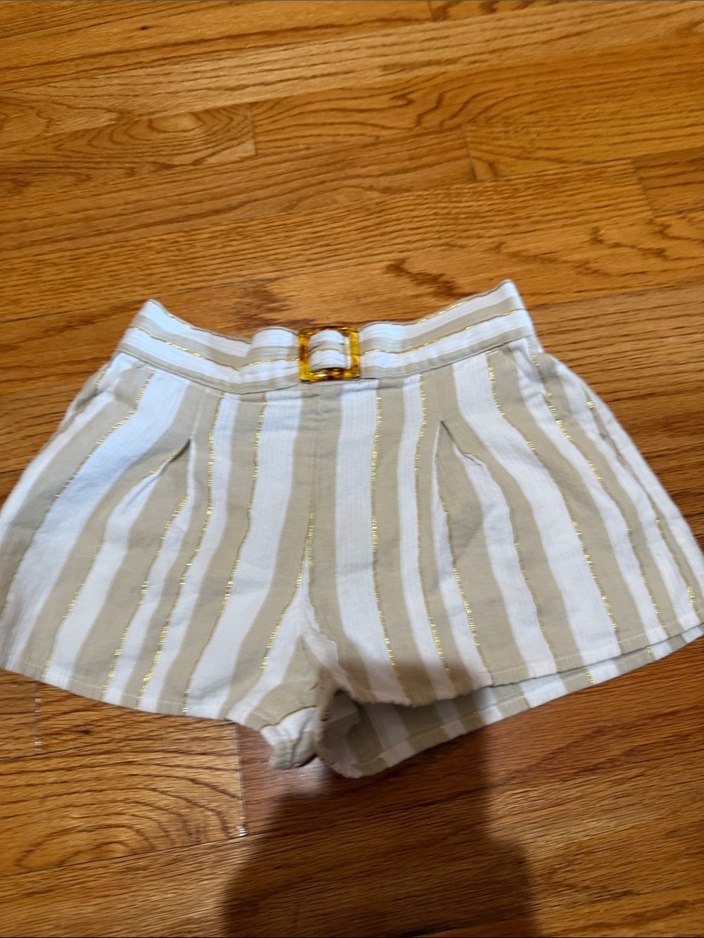 Janie and Jack Beige, White & Gold Stripe Buckle Shorts